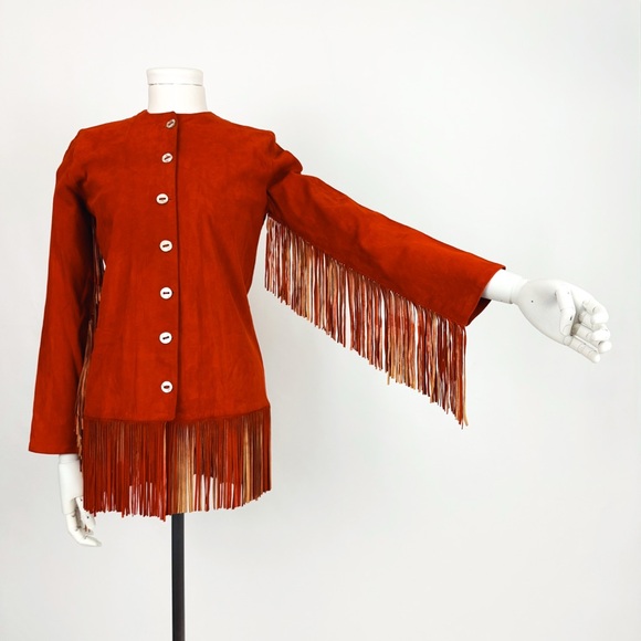 Vintage Jackets & Blazers - Vintage 90’s Fringe Trimmed Genuine Suede Leather Jacket in Mandarin Red Size 2